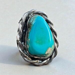 Sz 6 Old Pawn VTG Native American Braided Sterling Silver Turquoise Navajo Ring